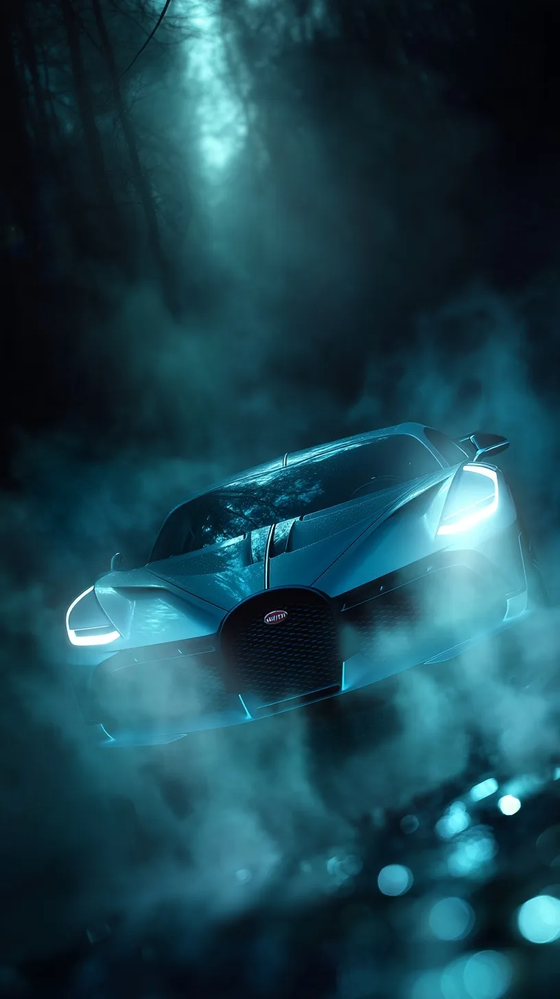 Surreal hyper-realistic Bugatti La Voiture Noire flying through clouds with glowing headlights in HD.