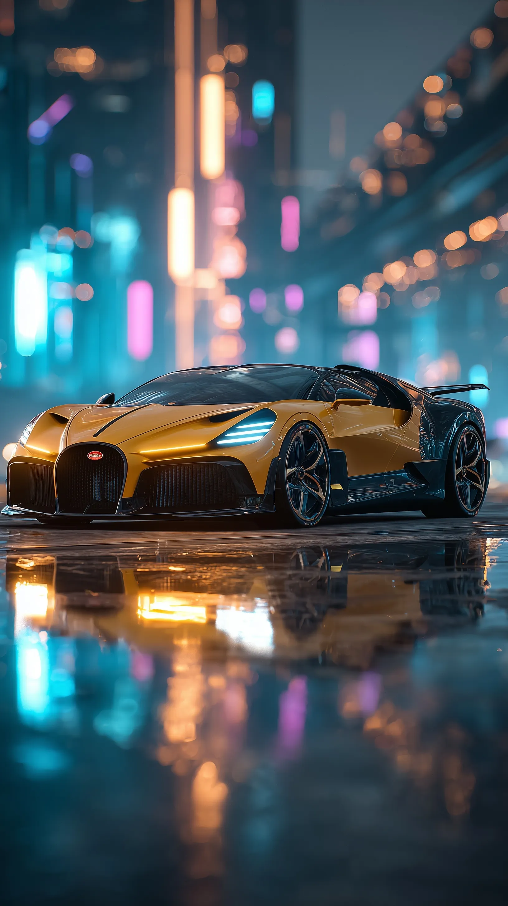 2024 Bugatti Mistral convertible hypercar in gold and black on a glowing night highway, 3/4 angle cinematic view.