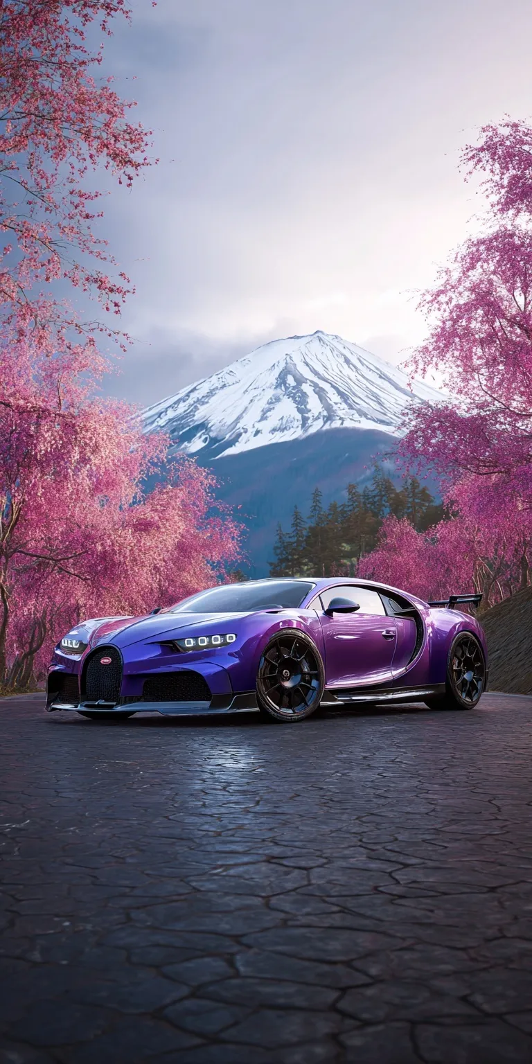 Pearlescent purple Bugatti Chiron Pur Sport parked on a wet road in Japan with Mount Fuji and cherry blossoms.