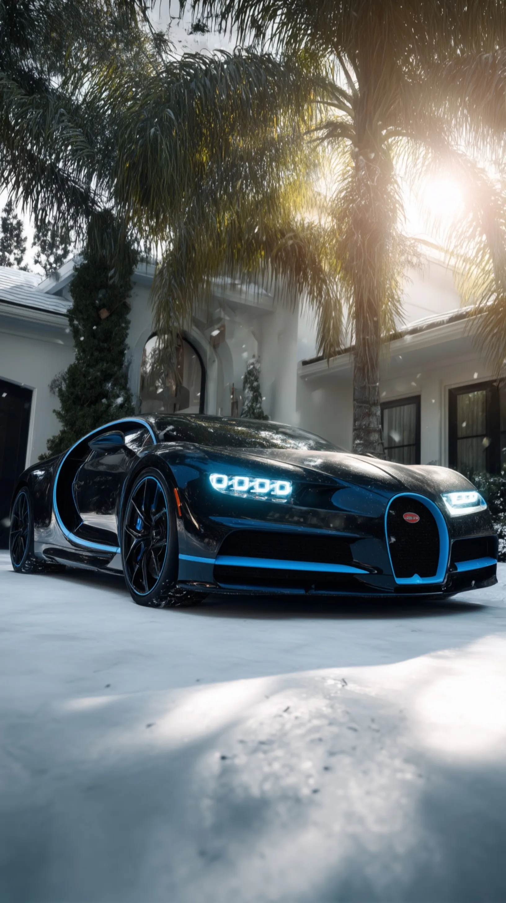 Midnight blue Bugatti Chiron parked on a snowy driveway with palm trees in a cinematic, high-resolution iPhone wallpaper.