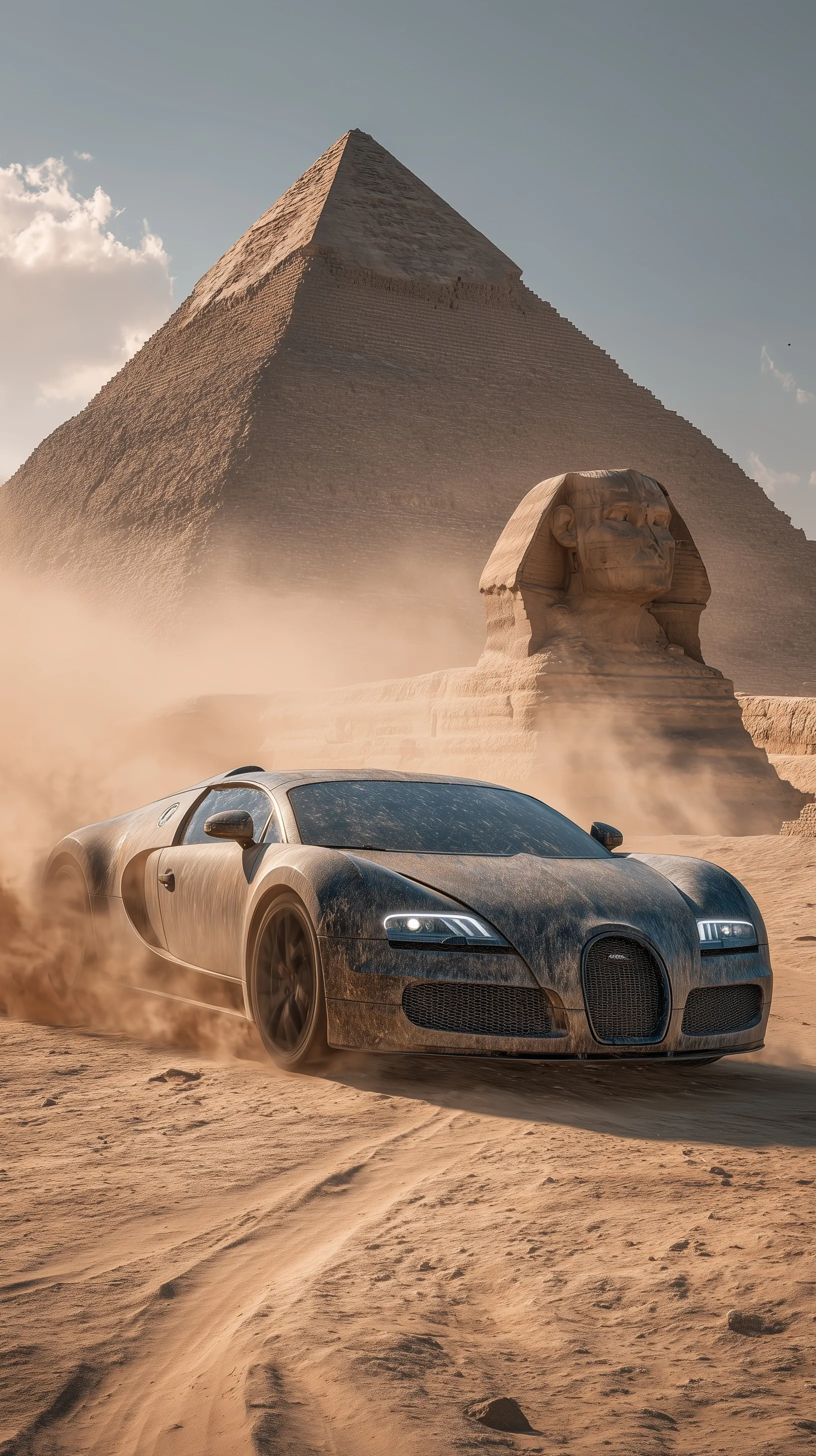 A cinematic 8K shot of a dirty Bugatti Veyron drifting on a sandy road with the Giza Pyramids and Sphinx in the background.