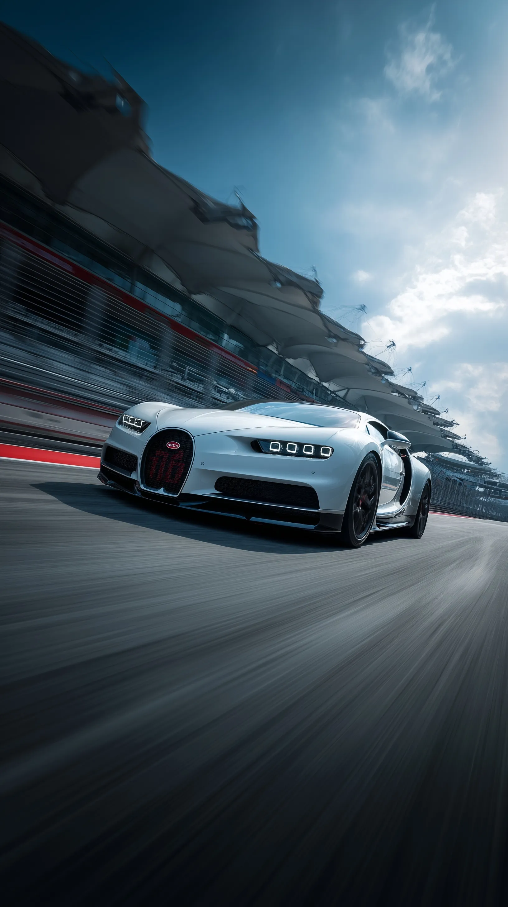 A photorealistic white Bugatti Chiron speeding down a race circuit, cinematic perspective for iPhone wallpaper.
