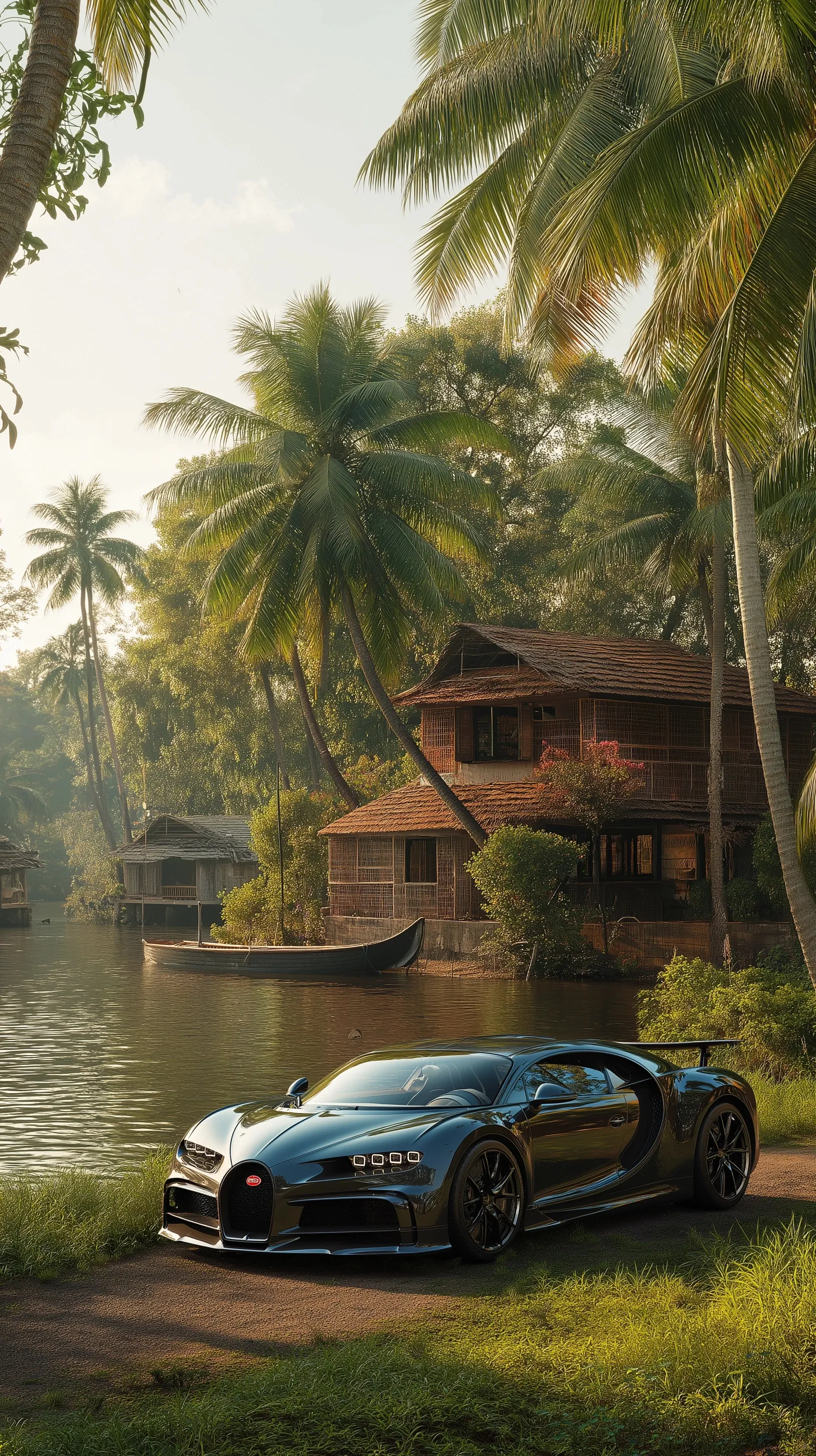 Hyper-realistic Bugatti Tourbillon parked by Alleppey backwaters in Kerala with coconut trees and houseboats.