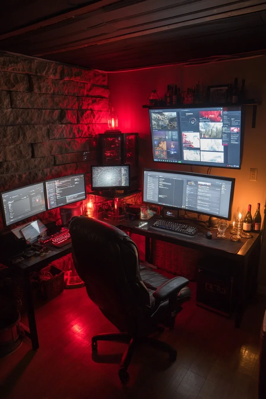 Immersive hacker gaming setup in a dark basement with four monitors, red LED lighting, and a glass of wine.
