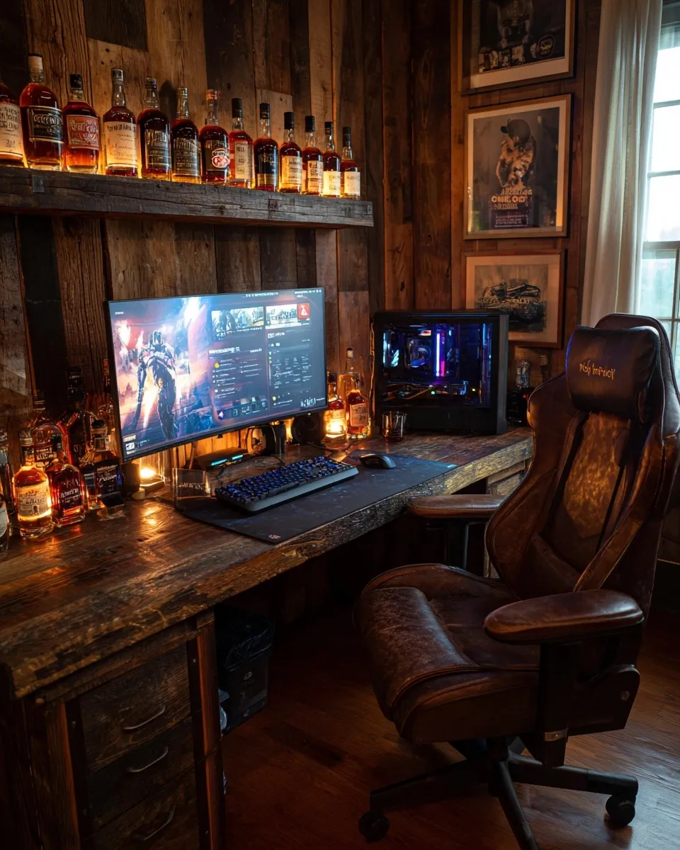 High-end gaming desk setup in a rustic cabin, featuring a bourbon-themed aesthetic inspired by Summer Game Fest 2025.