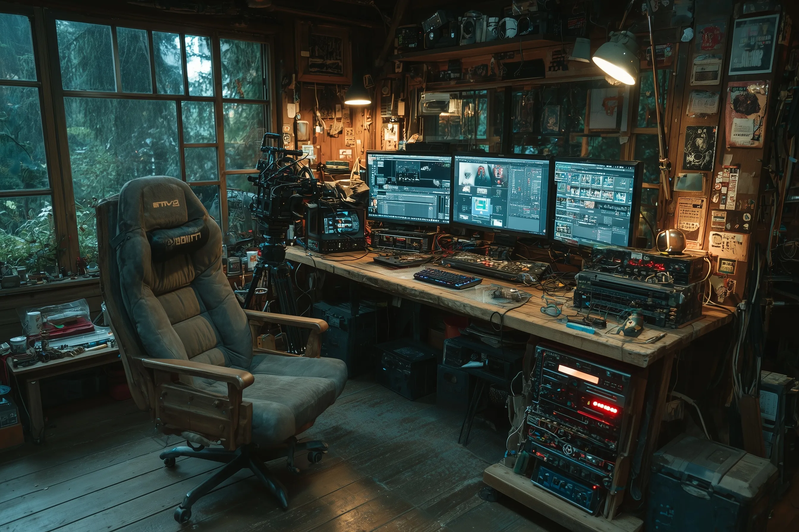 Cyberpunk cabin gaming and film editing setup featuring triple monitors, RGB lighting, and professional camera gear.