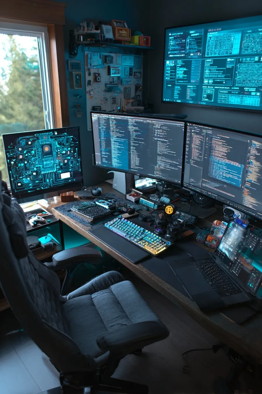High-tech developer gaming setup with triple monitors, holographic UI, and RGB lighting in a cozy, modern workspace.