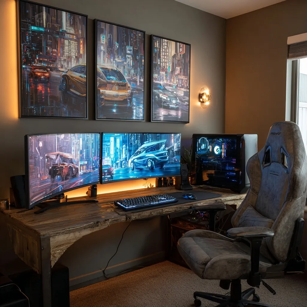 A professional gaming setup in a cozy cabin featuring dual monitors, high-end PC, and warm gold ambient lighting.