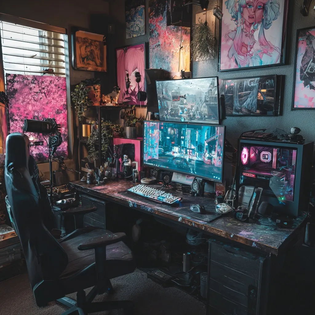 A moody goth-inspired gaming cabin setup with neon lighting, perfect for high-end aesthetic workspaces.