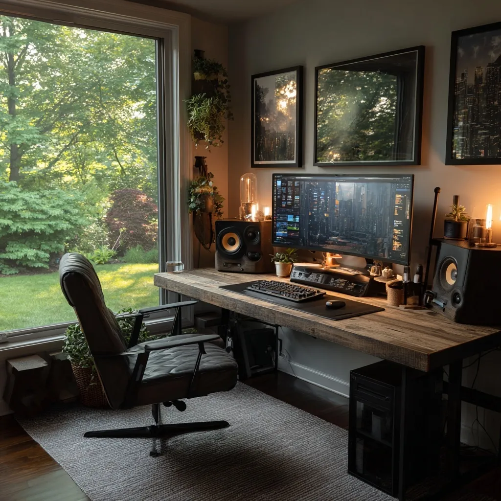 A cozy cabin gaming setup featuring an ergonomic home office desk, ambient lighting, and a comfortable chair.