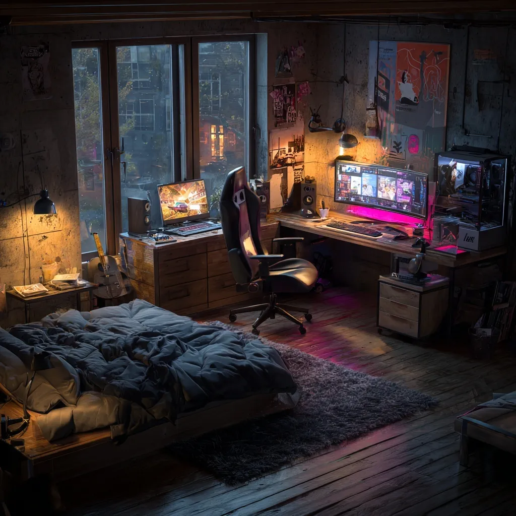 A cozy cabin gaming setup featuring a modern eSports workspace with ambient lighting and immersive tech gear.