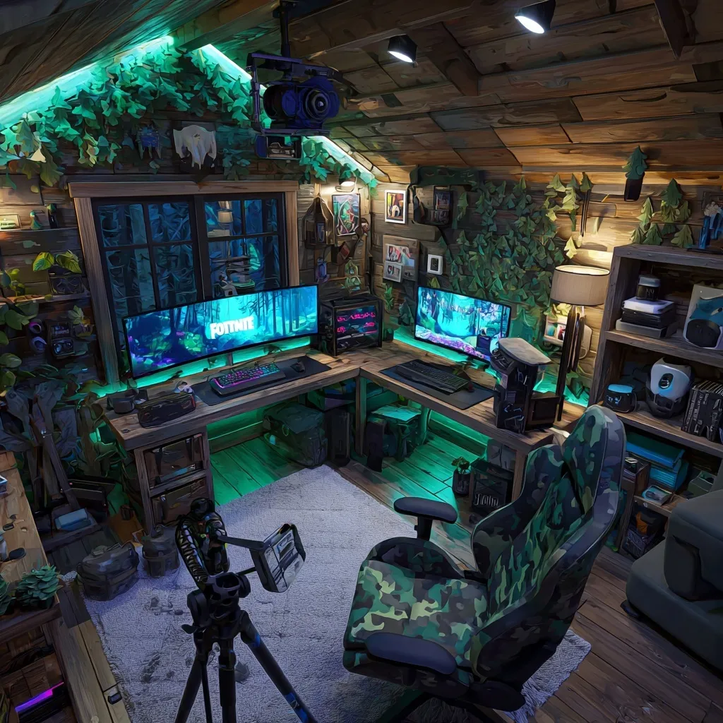 Top-down view of a cozy, wilderness-themed gaming cabin setup with dual monitors and rustic forest decor.