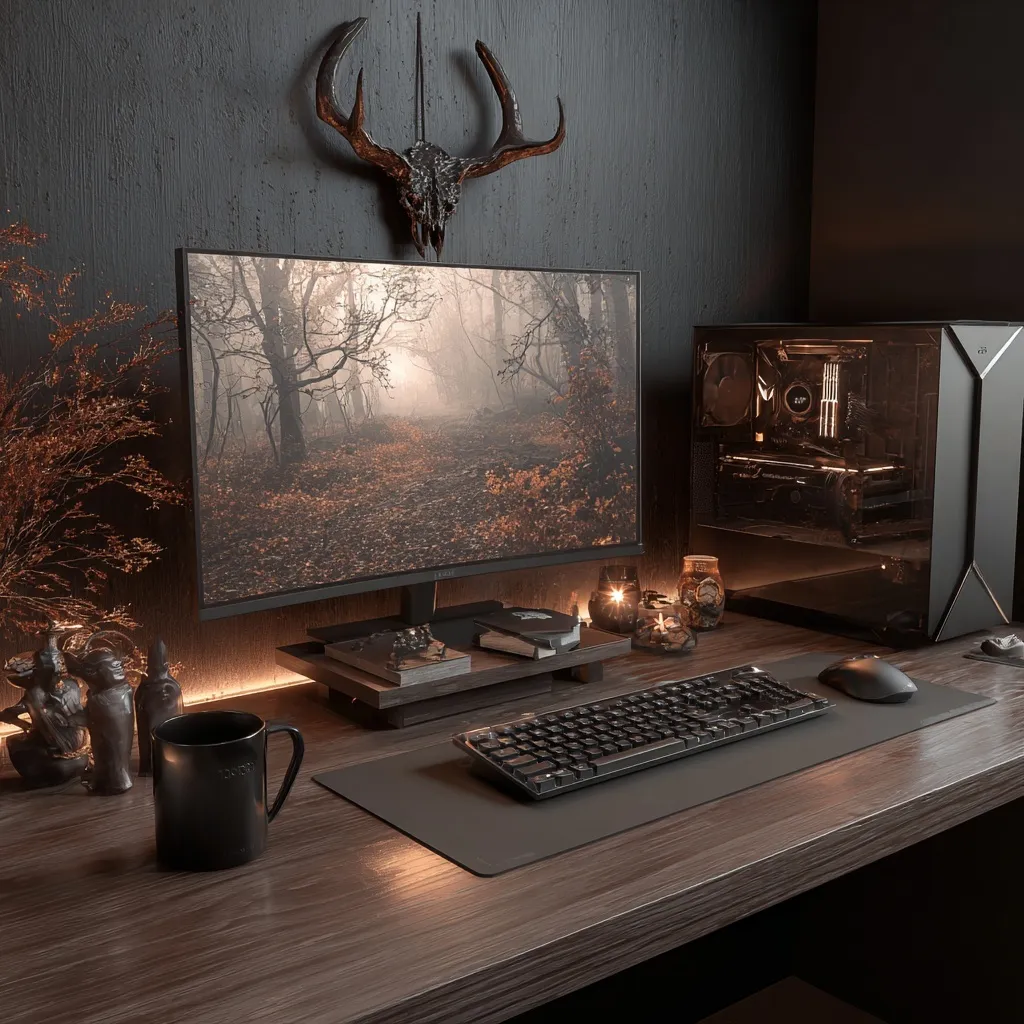 Modern gaming PC setup in a cozy dark wood cabin, decorated for Halloween with atmospheric lighting.