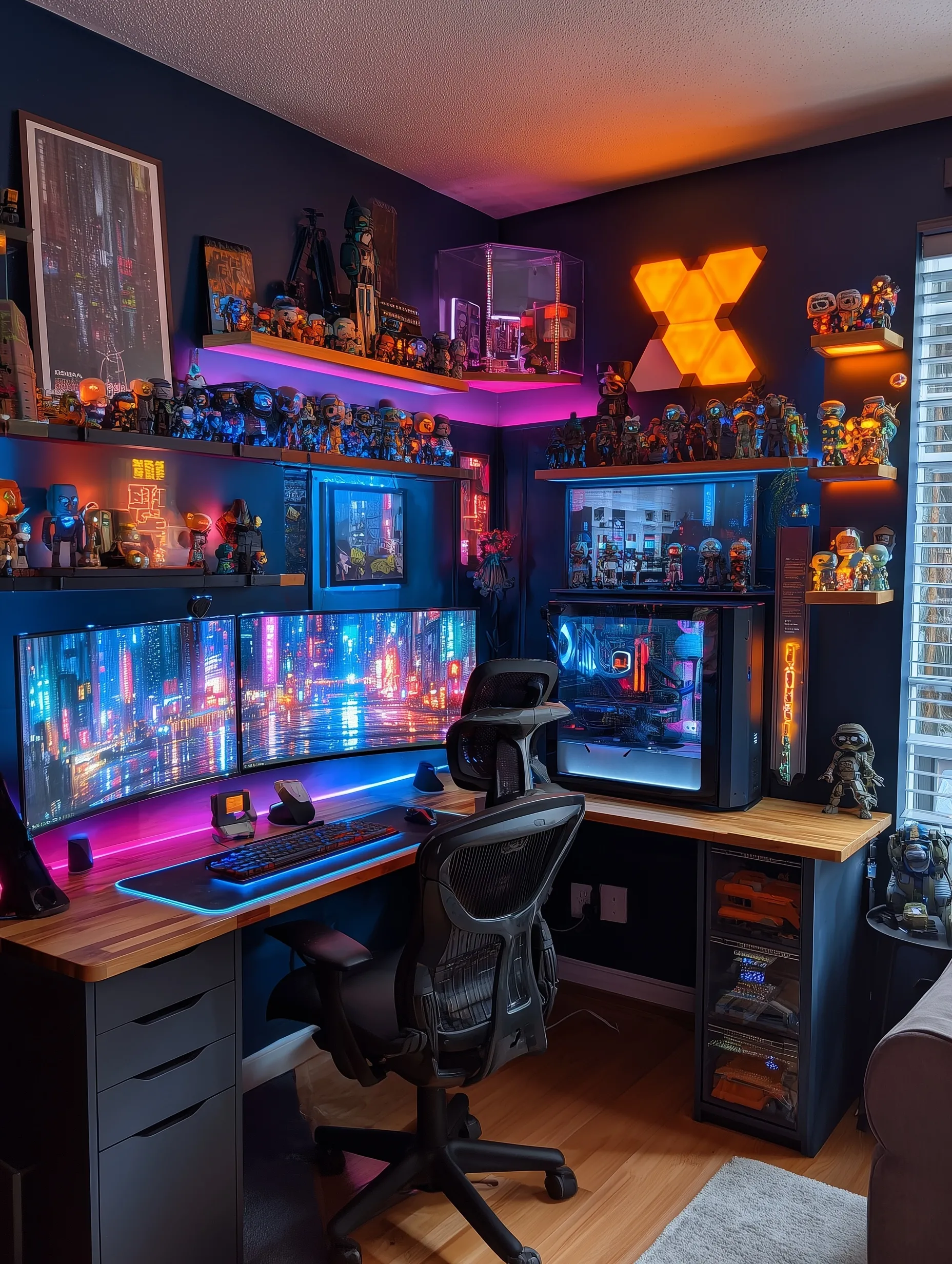 Cyberpunk gaming cabin with neon LED lights, dual monitors, and collectible figures on a wooden L-shaped desk.