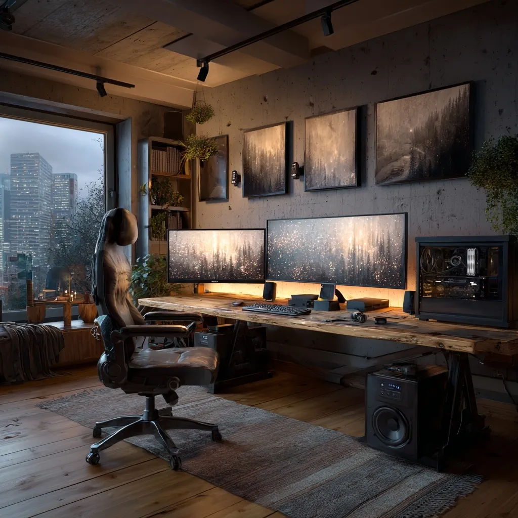 Cozy cabin home office featuring a modern gaming desk setup with large monitors and ambient lighting.