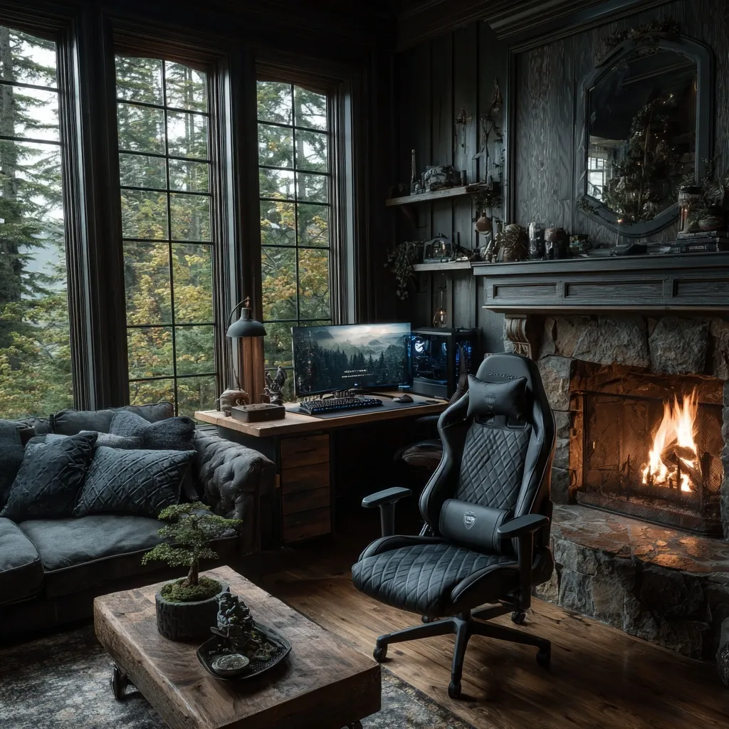Cozy cabin gaming setup with fireplace, forest view, and comfy seating for streaming, reading, and relaxation.