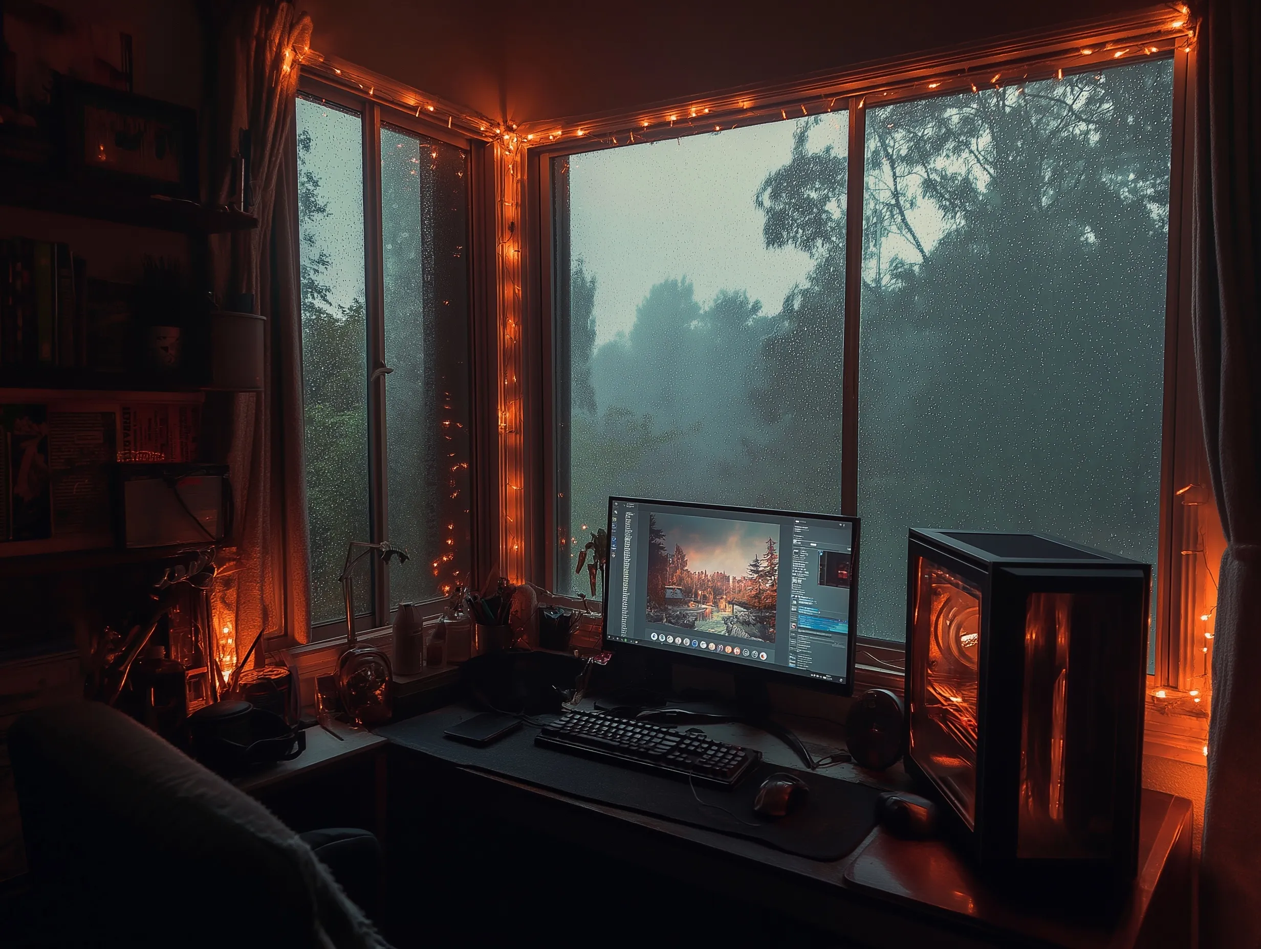 Cozy cabin gaming setup with glowing LED lights and a rainy window view for a relaxing, immersive atmosphere.