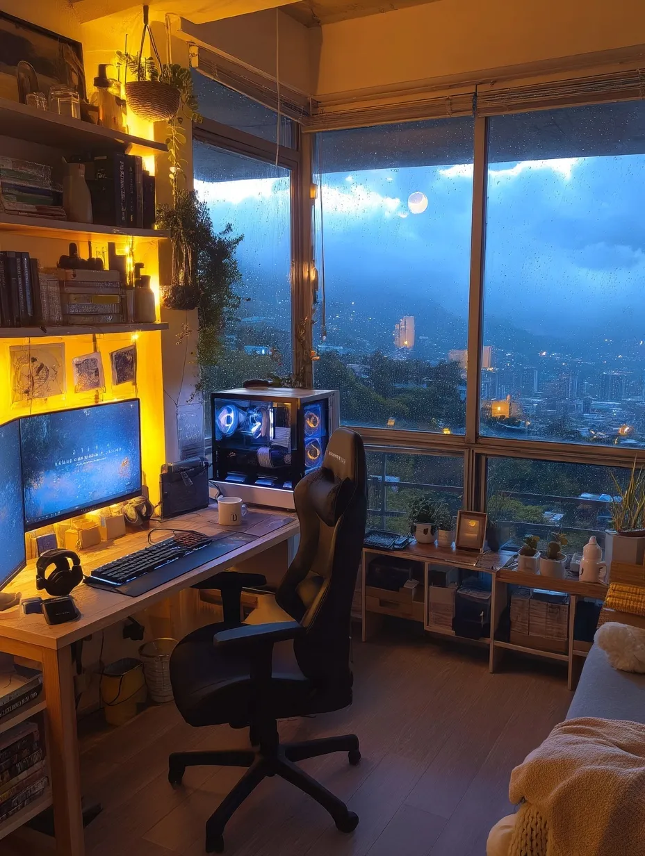 A cozy gaming cabin with a dual-monitor setup, warm ambient lighting, and a rainy thunderstorm view outside.