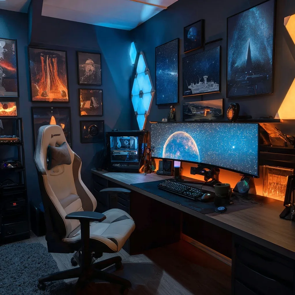 A cozy cabin gaming setup for couples featuring immersive Star Trek-themed PC gear and atmospheric ambient lighting.