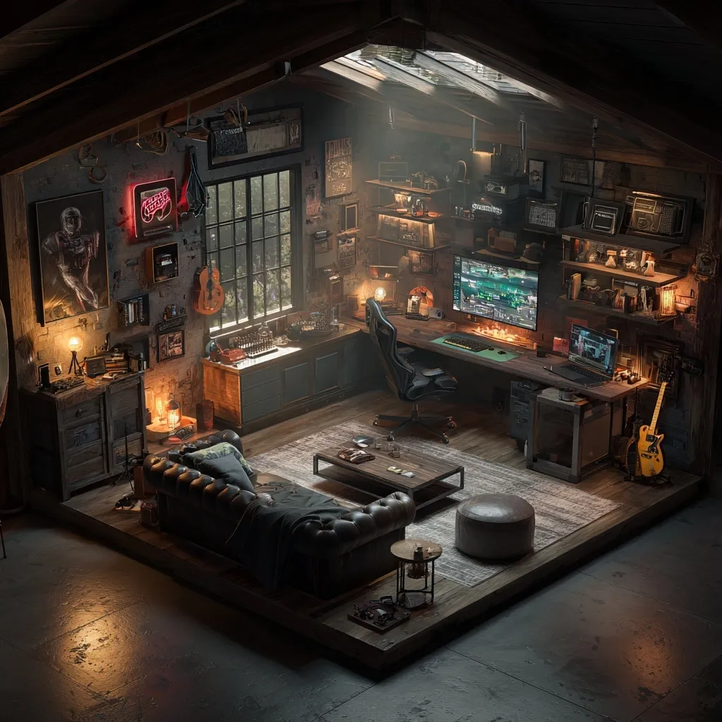 A cozy cabin gaming setup featuring a high-end PC rig, ambient lighting, and a relaxing, immersive atmosphere.