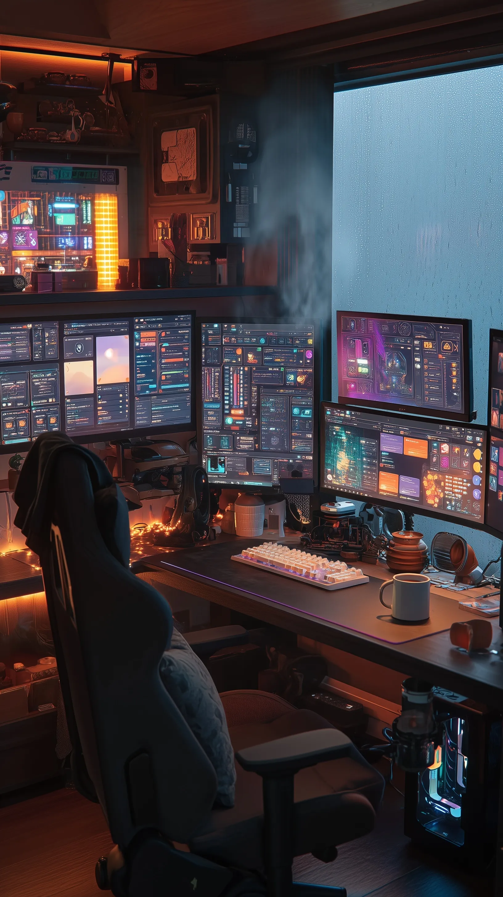 Cozy cyberpunk gaming setup in a cabin with glowing monitors, RGB PC, and neon lighting for an immersive experience.