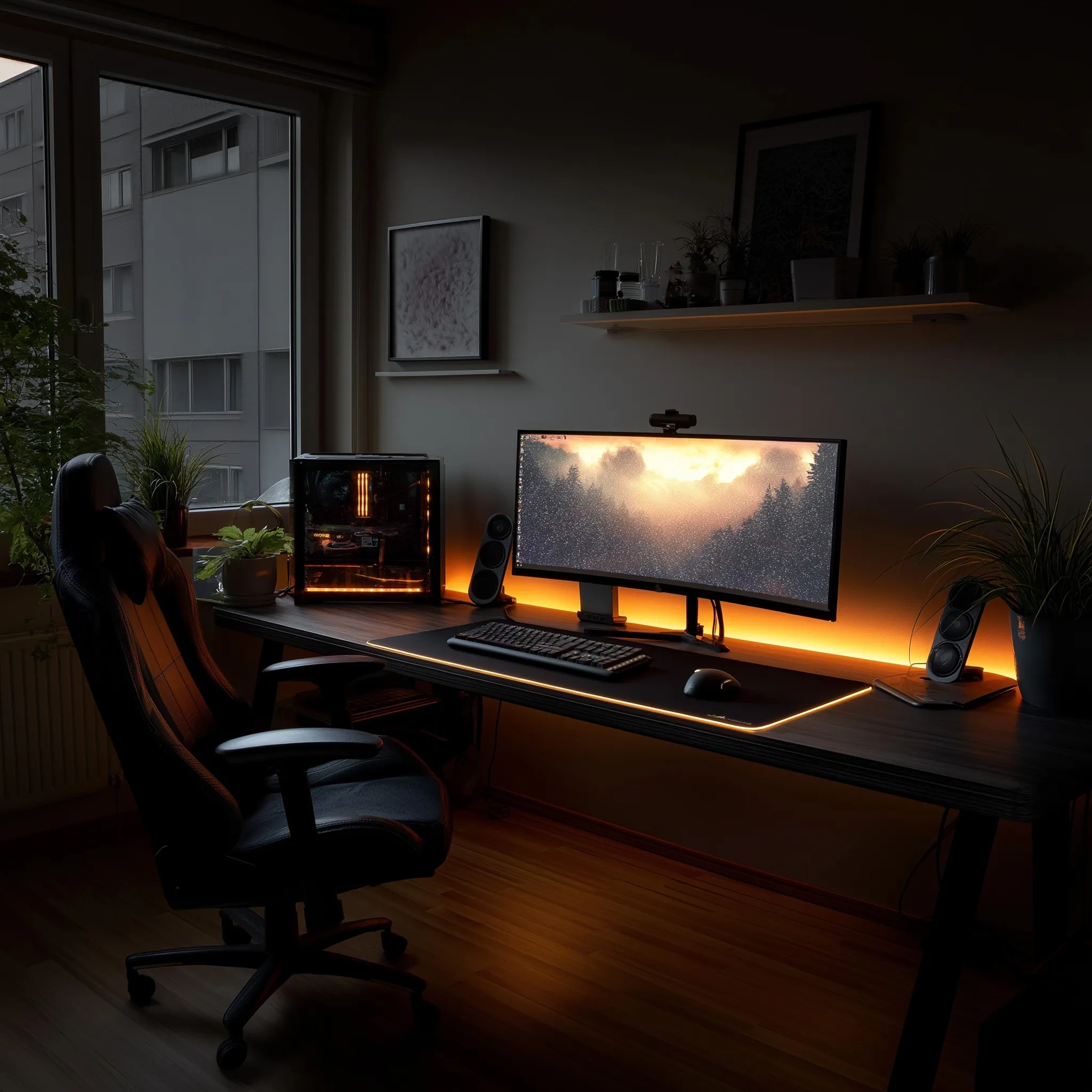 A clean gaming PC setup in a dark cabin, illuminated by soft ambient desk lighting for an immersive atmosphere.
