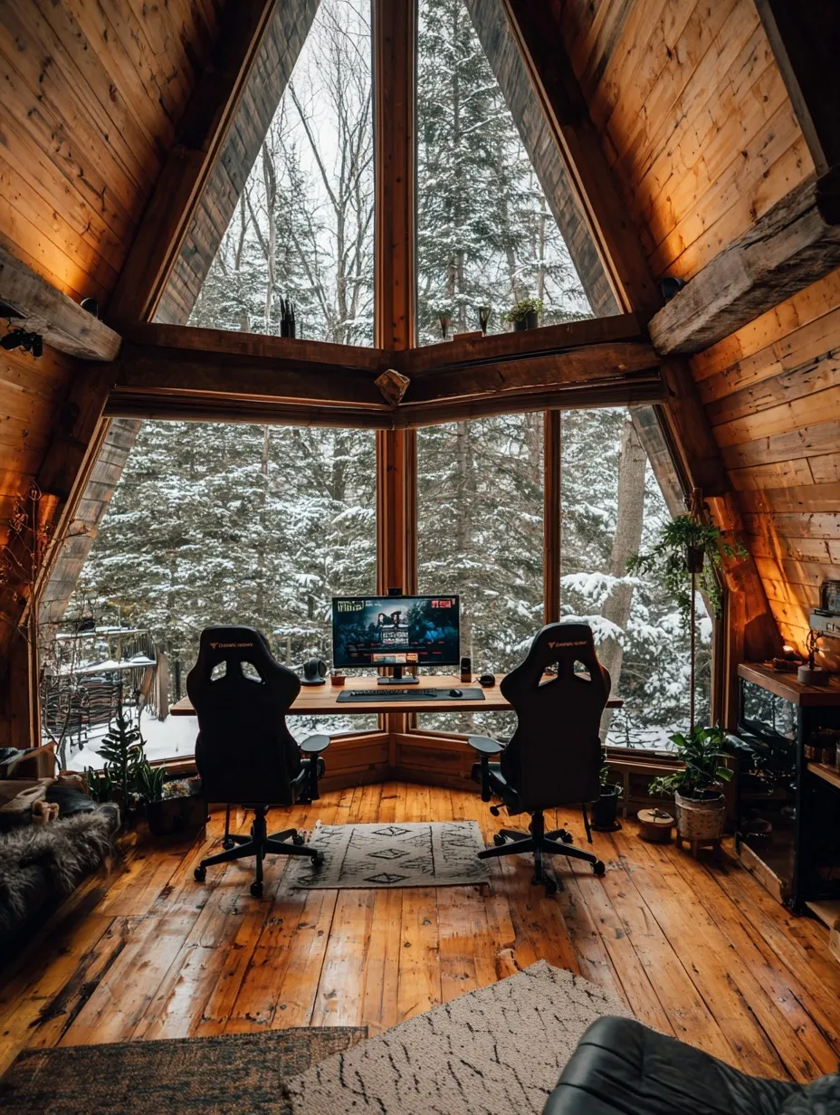 A-frame cabin gaming setup with a Stardew Valley monitor, plants, and snowy evergreen forest views in Michigan.