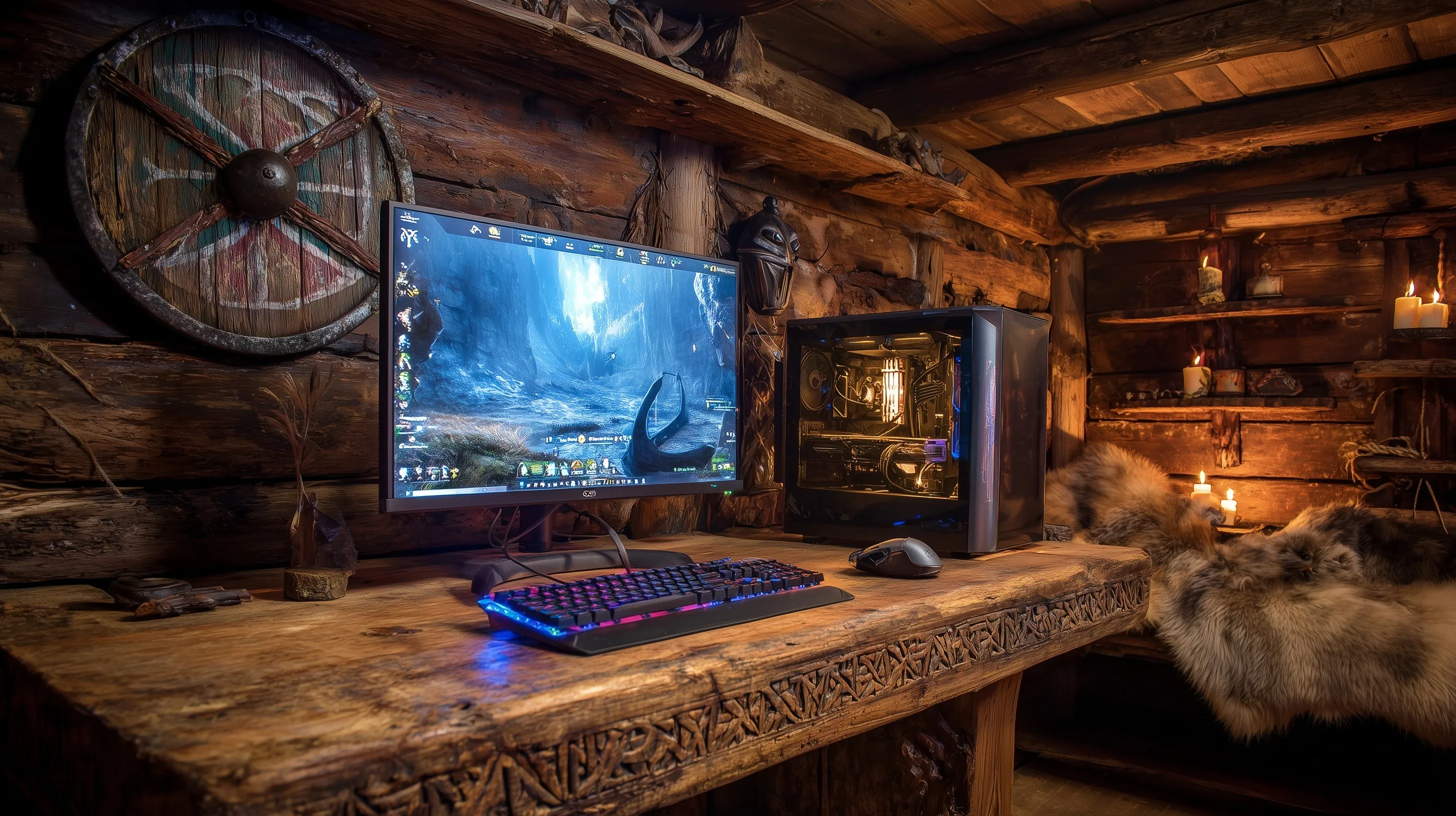 A Viking-themed gaming setup in a rustic cabin with a wolf pup, glowing runes, and Nordic RPG aesthetics.