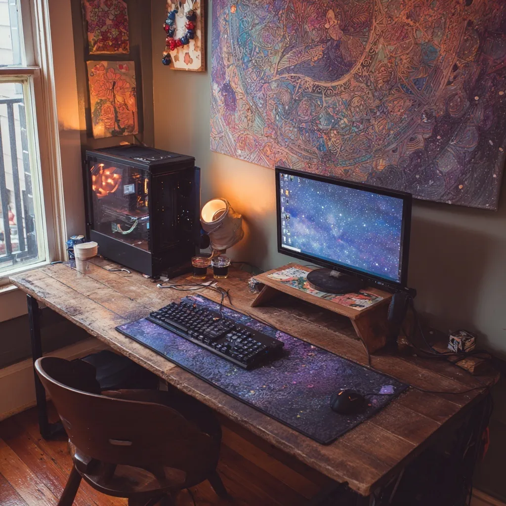 A sleek gaming setup with monitor, keyboard, and large mouse pad on a wooden desk inside a cozy cabin.