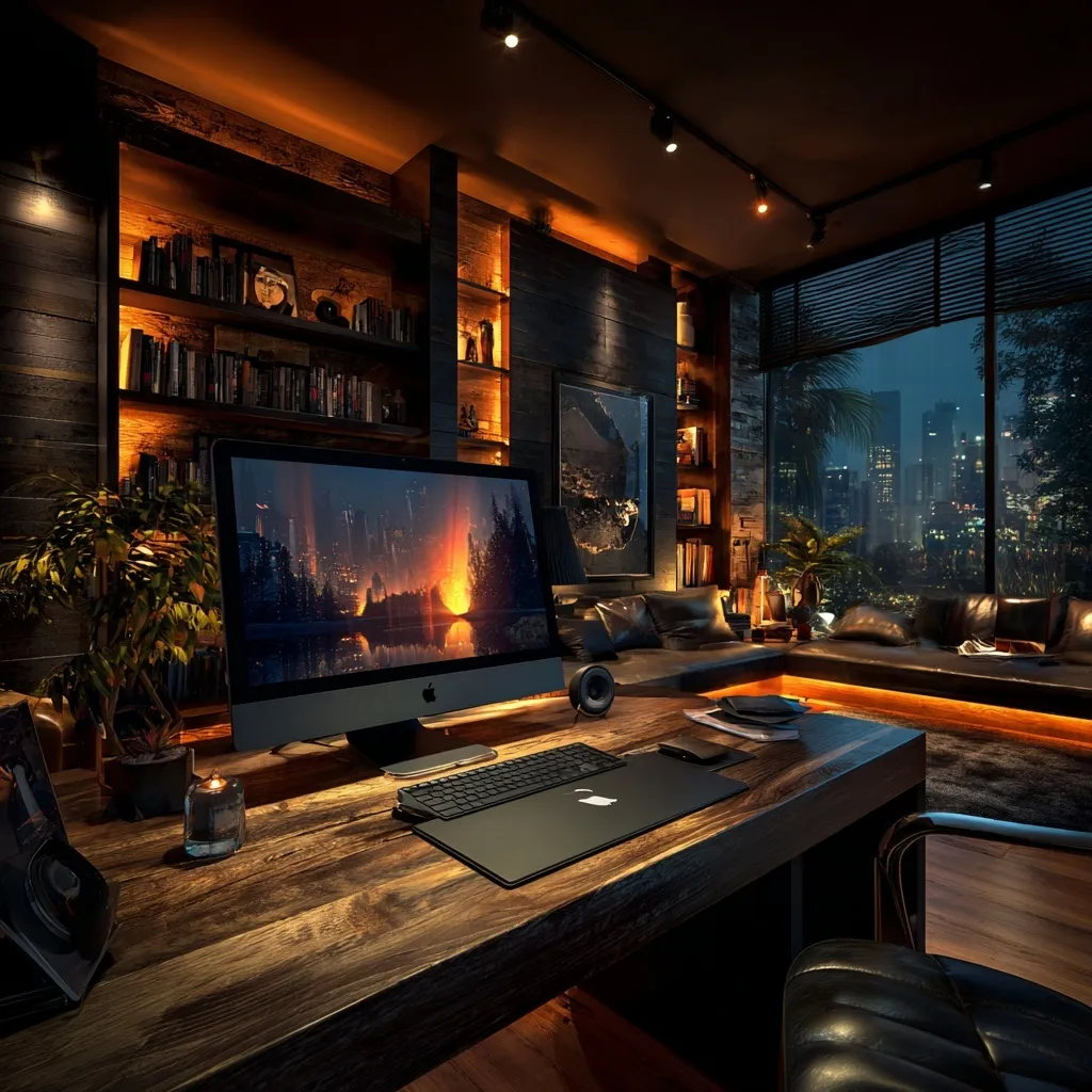 Modern home office cabin gaming setup with iMac, wooden desk, and soft ambient lighting for a professional backdrop.