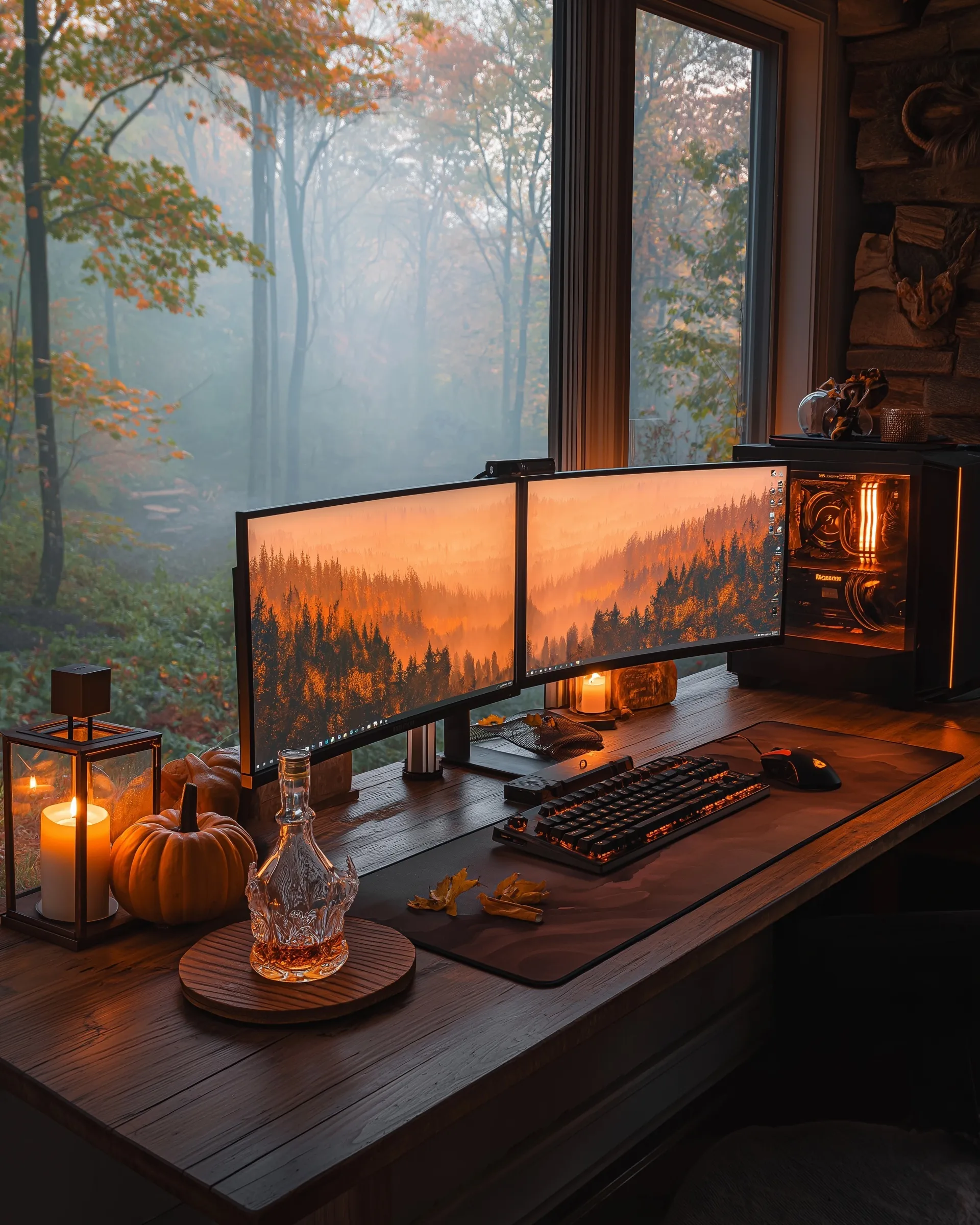 Cozy autumn gaming setup on a walnut desk with curved monitors, glowing pumpkin, and warm ambient lighting.