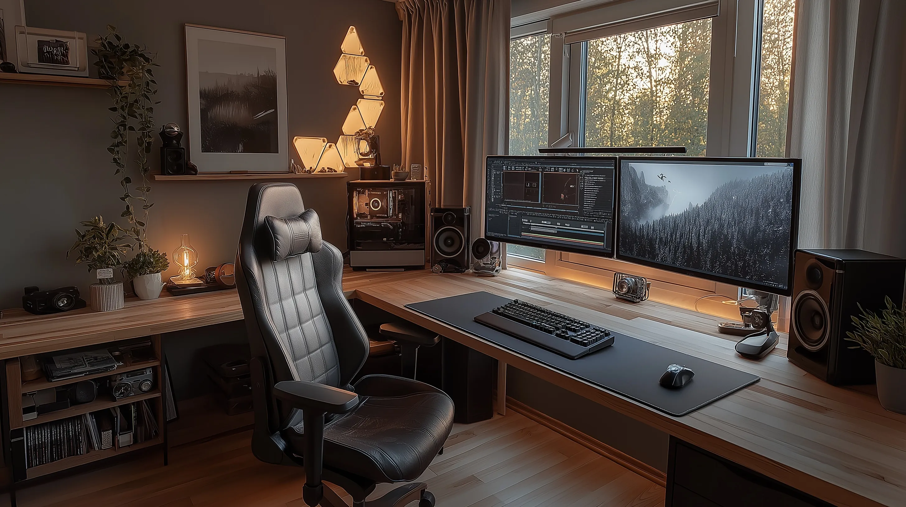 A sleek, minimalist gaming and video editing workstation setup in a cozy cabin-style living room interior.