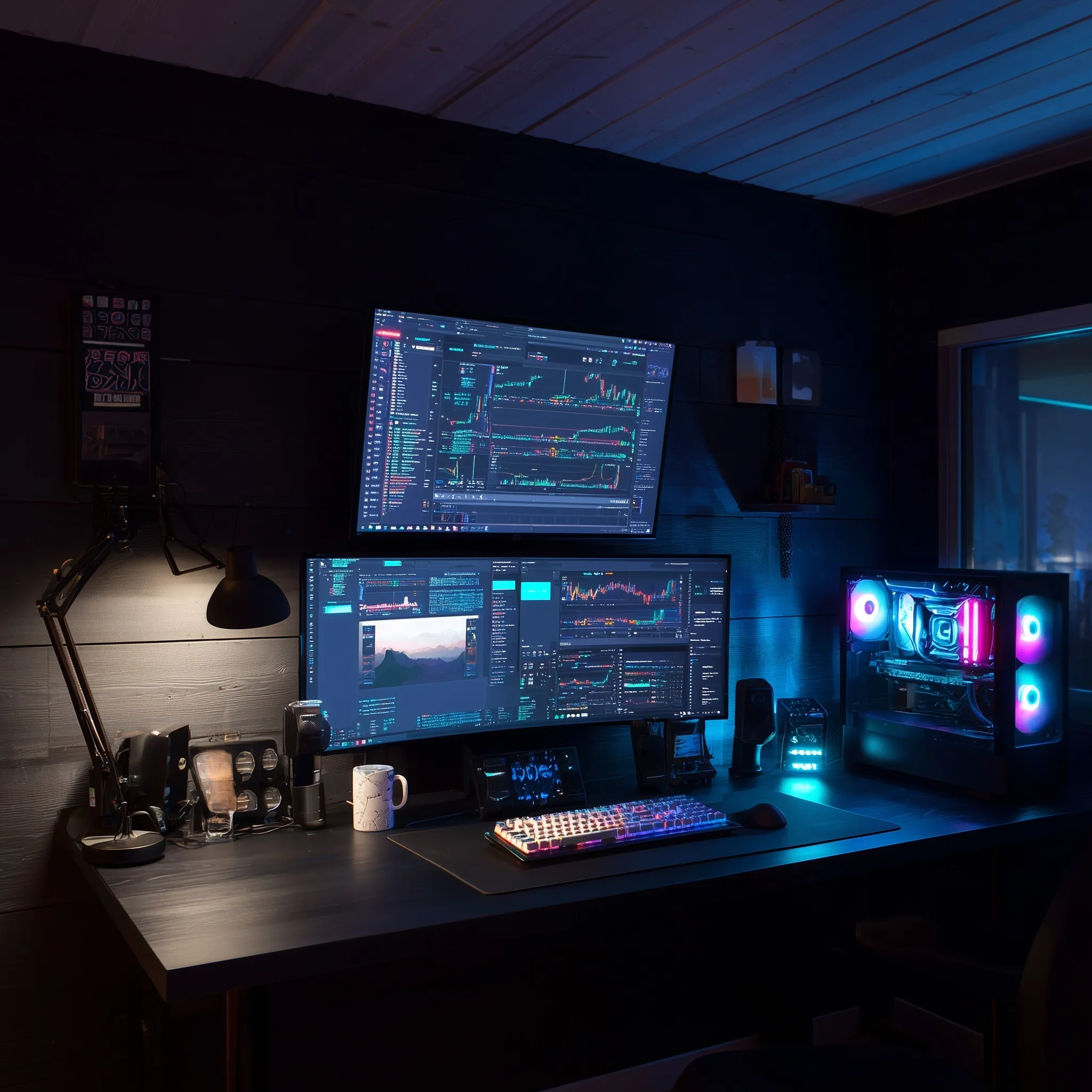 Professional cabin gaming desk setup with dark aesthetic and neon accent lighting for traders or content creators.