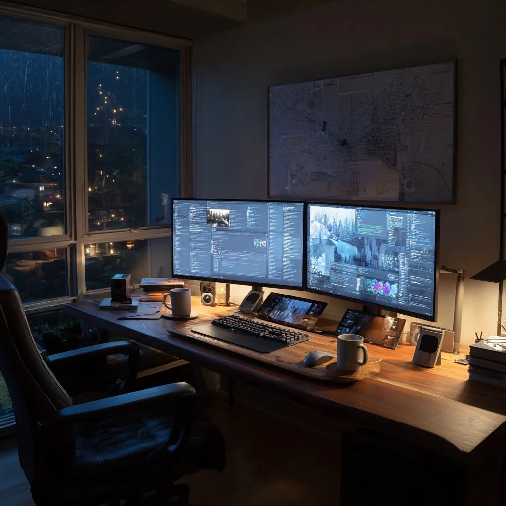 Real cabin gaming setup with dual monitors, keyboard, and coffee on a desk in a dimly lit, cozy home office space.