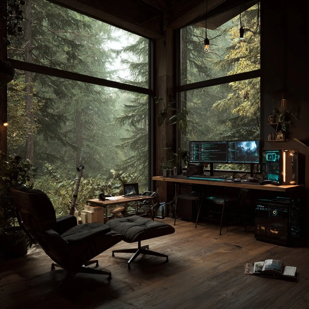 Cozy cabin gaming setup with dual monitors, RGB PC, and forest view through floor-to-ceiling windows.