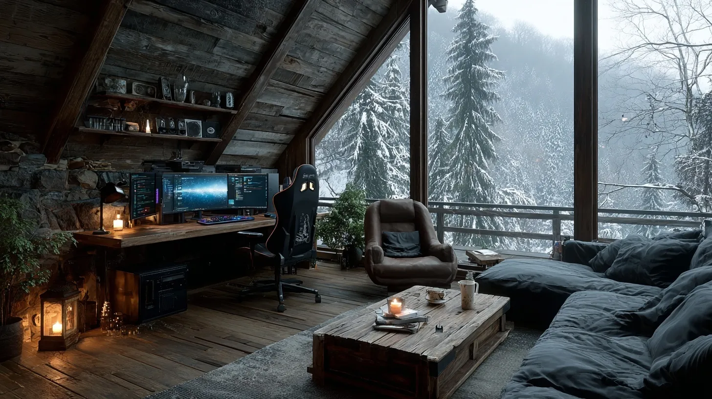 Cozy cabin gaming setup with dual monitors and RGB PC overlooking snow-capped mountains through floor-to-ceiling windows.