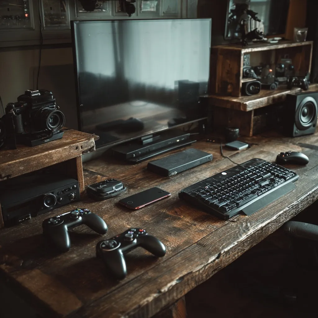 A dark wood desk featuring a gaming monitor, console, smartphone, and DSLR camera in a cozy cabin gaming setup.