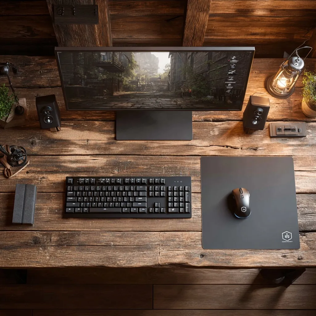 Modern gothic gaming desk in a wooden cabin with an empty mouse pad space for custom mockups, top-down view.