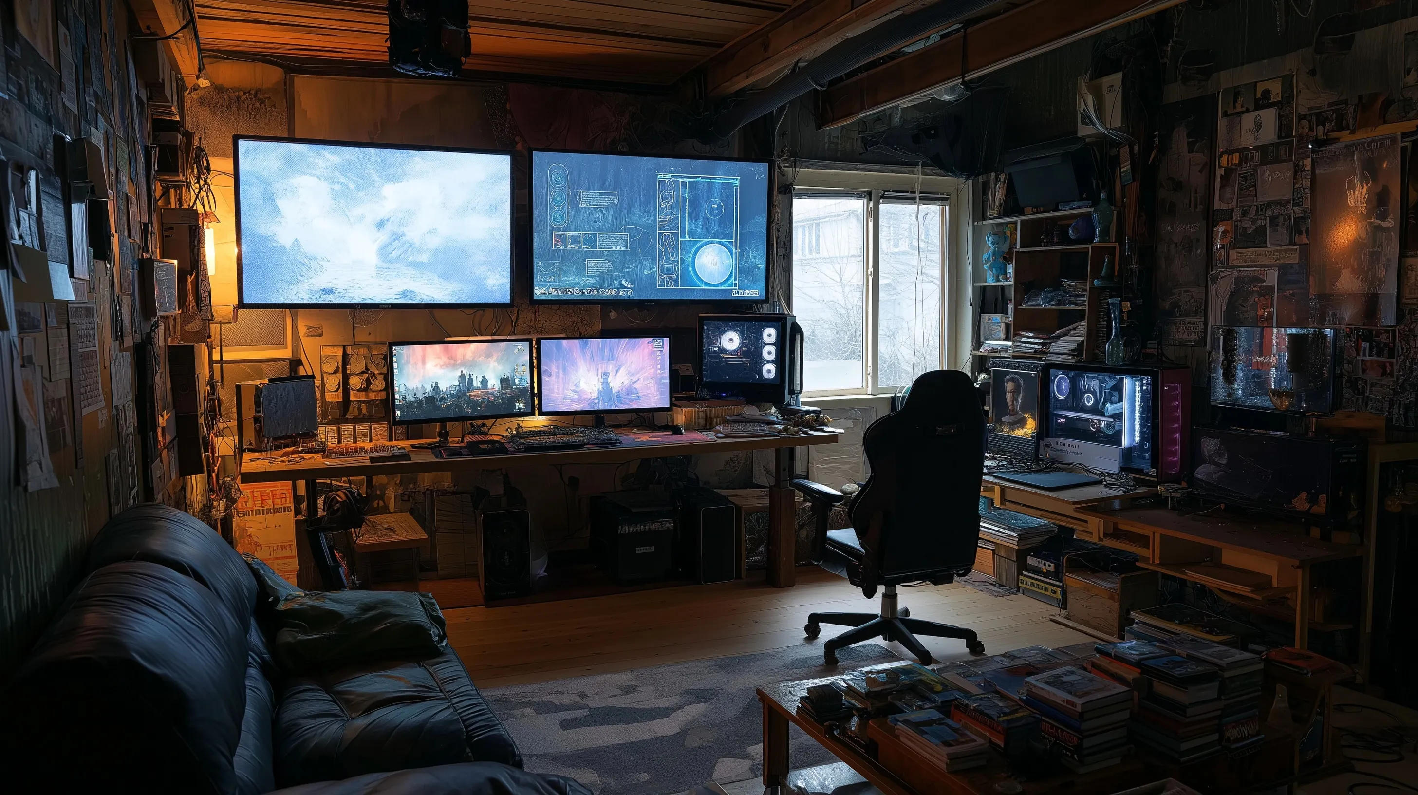 A cozy cabin gaming setup featuring a computer with three large screens, retro video games, and collectibles.
