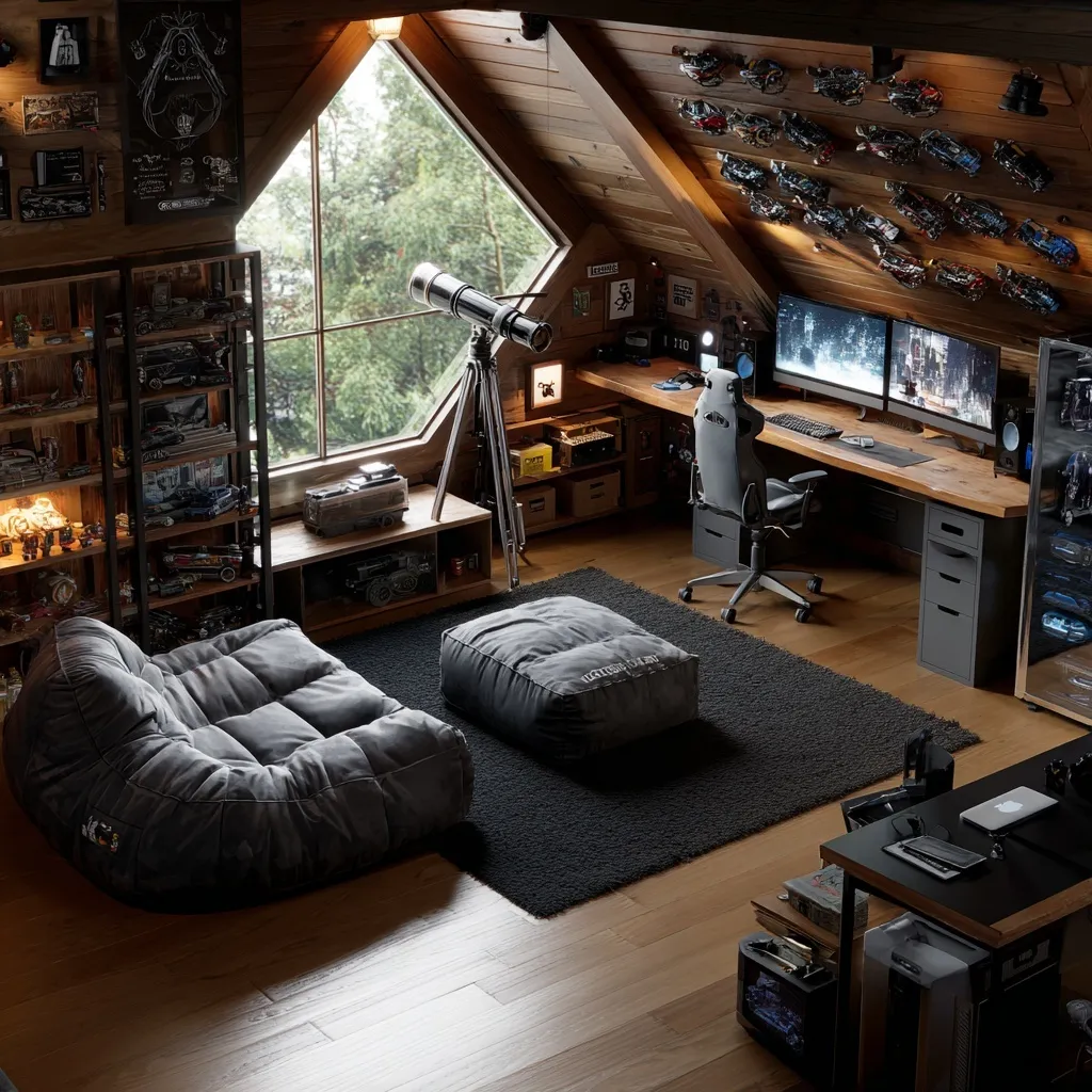 Modern treehouse gaming room with a PC setup, beanbag, TV, and model car collection in a cozy wooden cabin.