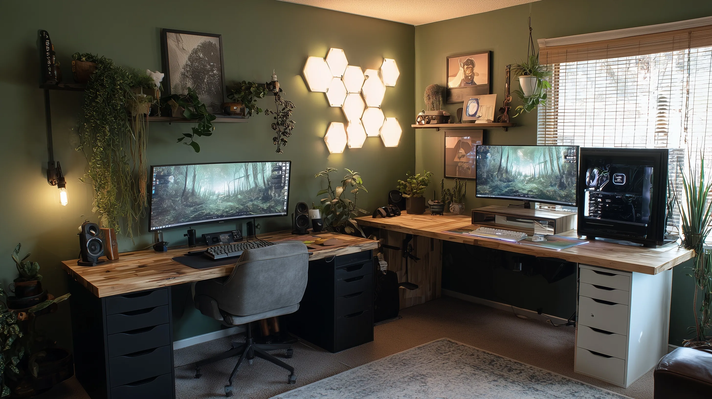 A cozy his and hers gaming room featuring dual desks, plants, and warm lighting in a stylish green cabin.