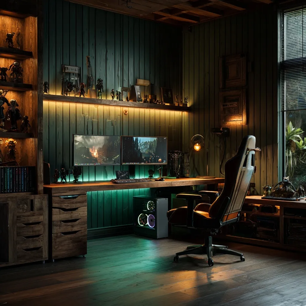 Cozy dark green cabin gaming room with wood paneling, ultrawide monitor setup, and premium ambient RGB lighting.