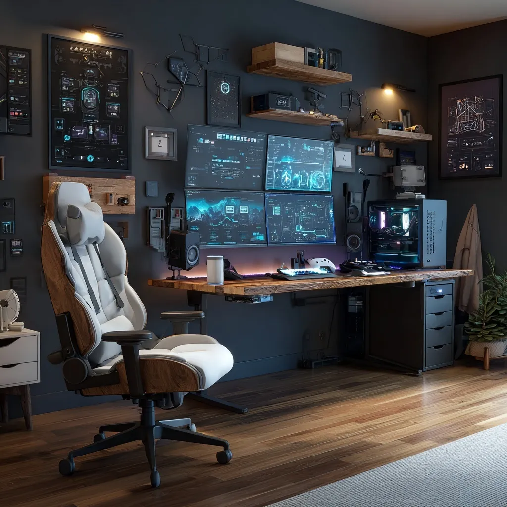 Stylish cabin gaming setup with ergonomic furniture and high-tech gadgets in a cozy home office environment.