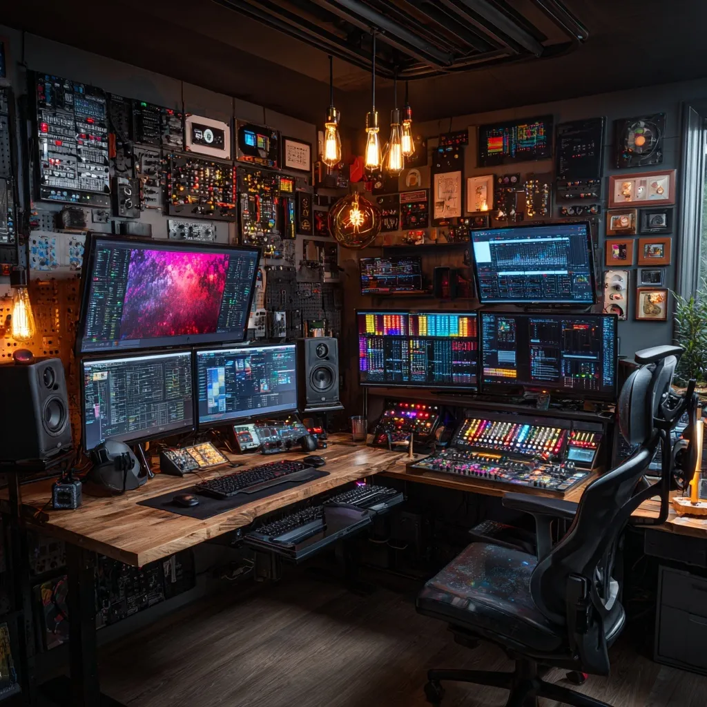 Intense home lab cabin gaming setup with multiple monitors, high-end PC hardware, and atmospheric RGB lighting.