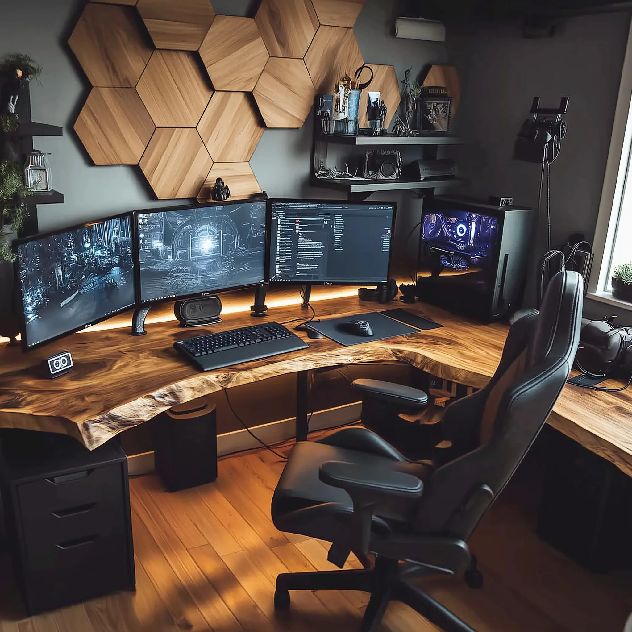 A premium, high-tech cabin gaming setup with professional streaming gear and immersive ambient LED lighting.