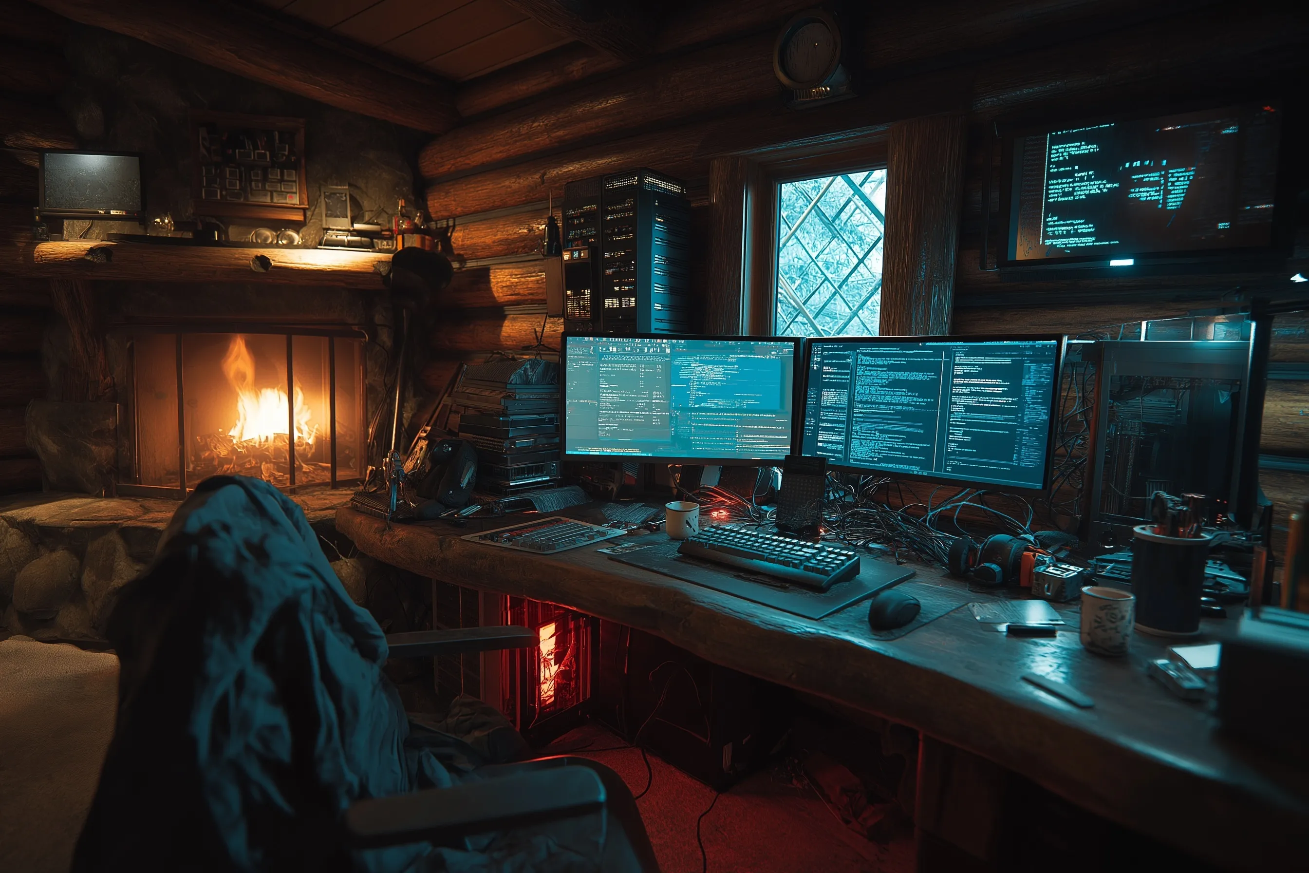 Cinematic log cabin gaming setup with neon PC hardware, roaring fireplace, and a cyberpunk city view at night.