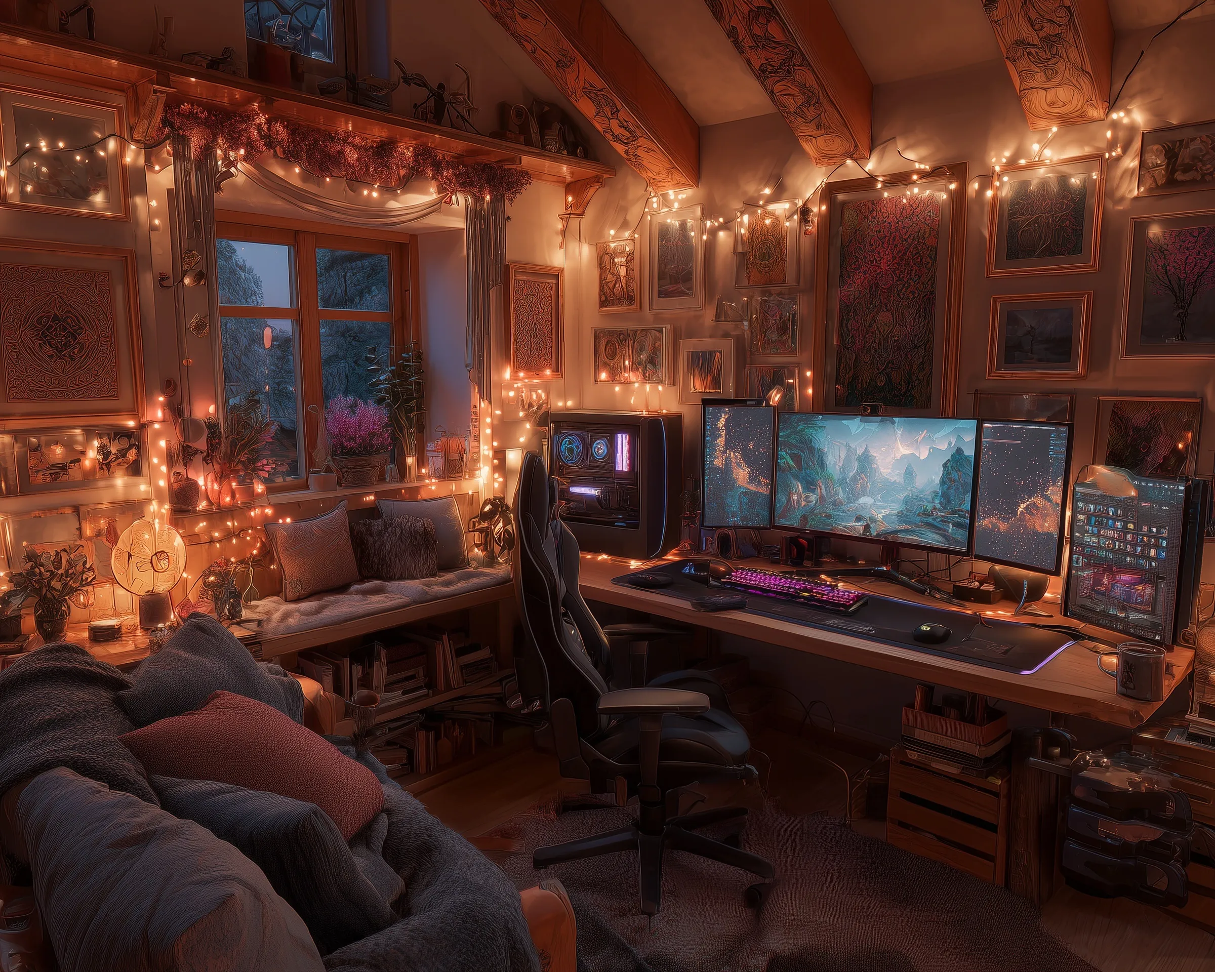 A cozy, flamboyant cabin gaming setup with vibrant fairy lights, high-end PC gear, and a cinematic aesthetic.