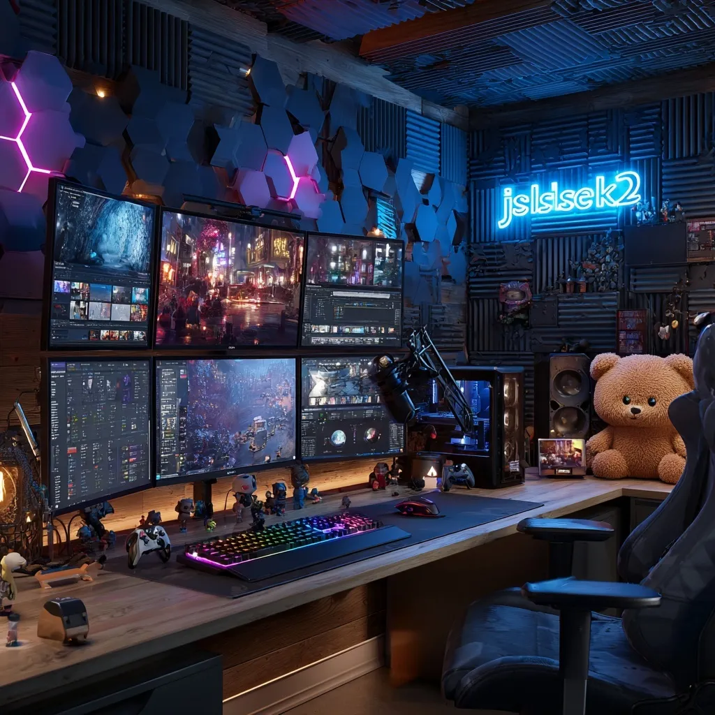 A professional gaming streamer setup with six monitors, RGB lighting, and cozy decor in a modern cabin room.