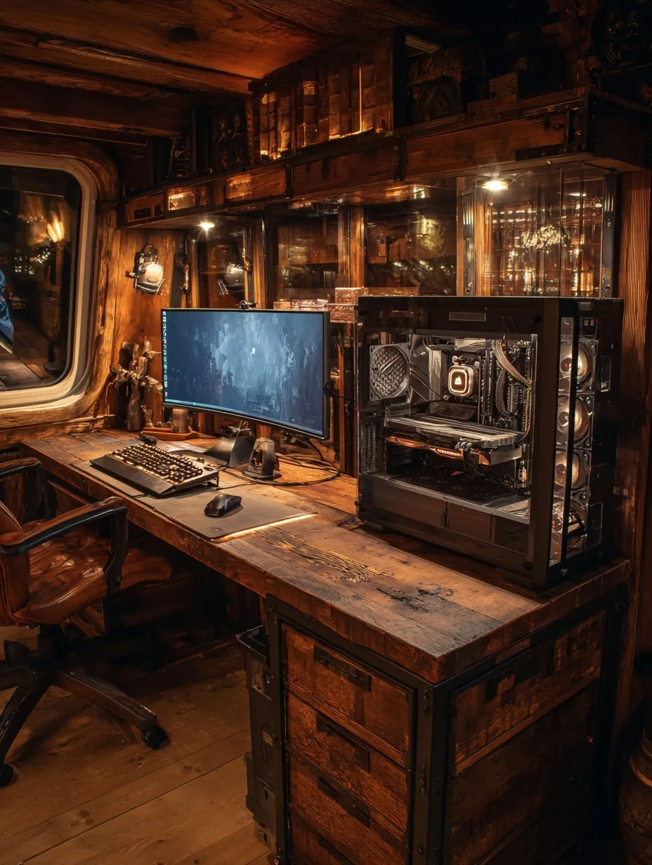 A high-end gaming PC inside a rustic medieval cabin, featuring immersive lighting and powerful performance hardware.