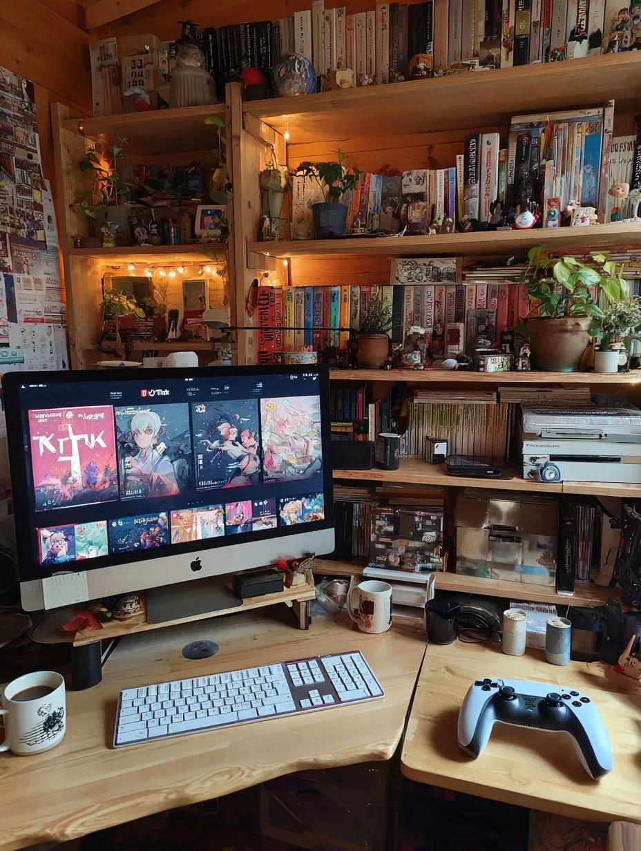 Cozy cabin gaming setup featuring a modern iMac, vintage wooden desk, LED lights, and aesthetic decor.